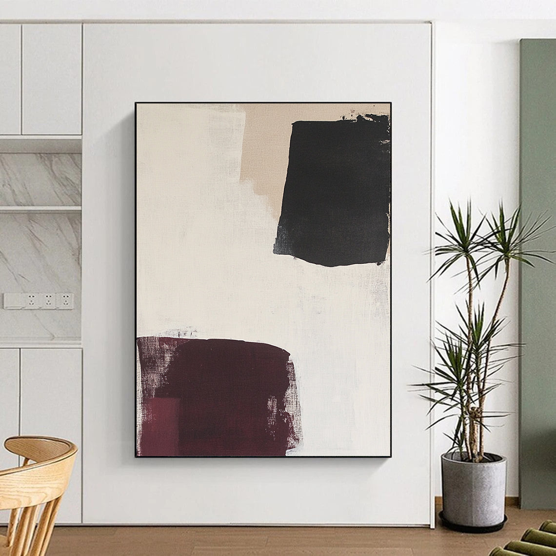 Contemporary hand-painted abstract art featuring large white burgundy and black shapes with soft neutral backgrounds and delicate fabric accents. DLZ1332