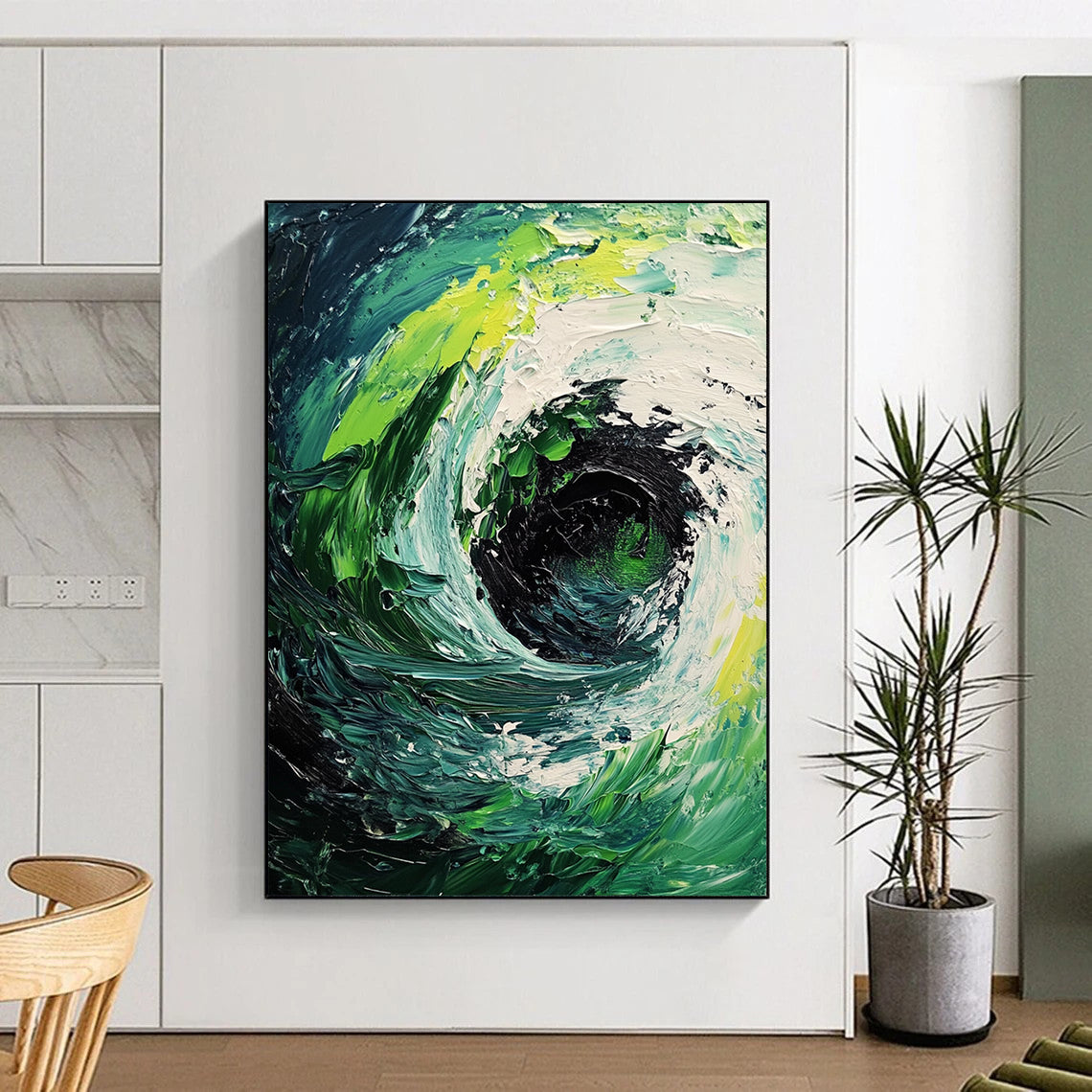 Contemporary abstract painting featuring a dynamic whirlpool of dark green and white waves with bold brushstrokes and striking light-dark contrast. DLZ1229