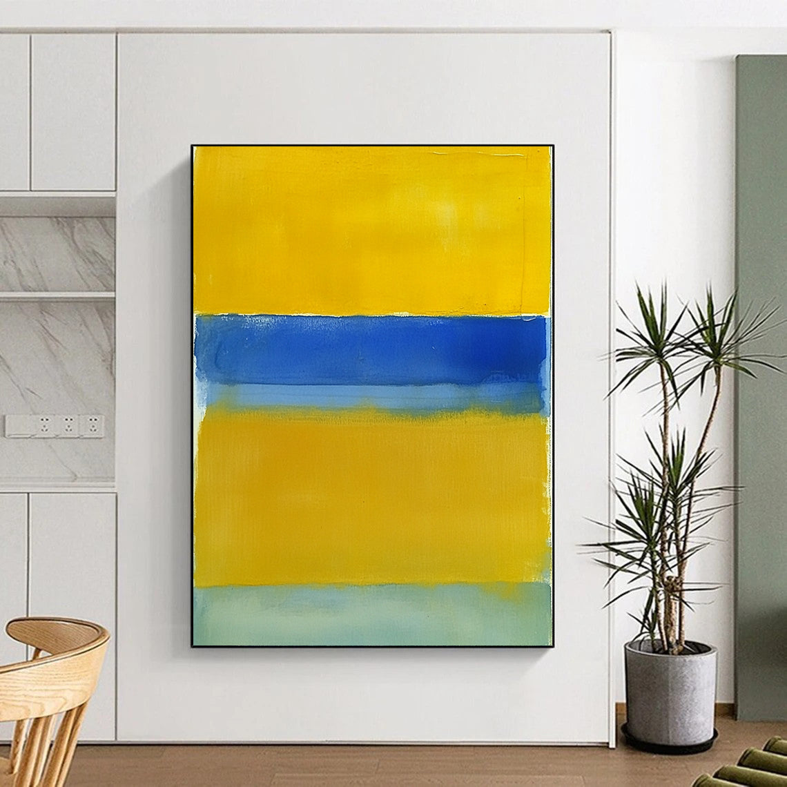Large contemporary hand-painted abstract art featuring a vibrant yellow field framed by a deep blue border and light green bottom. DLZ1526