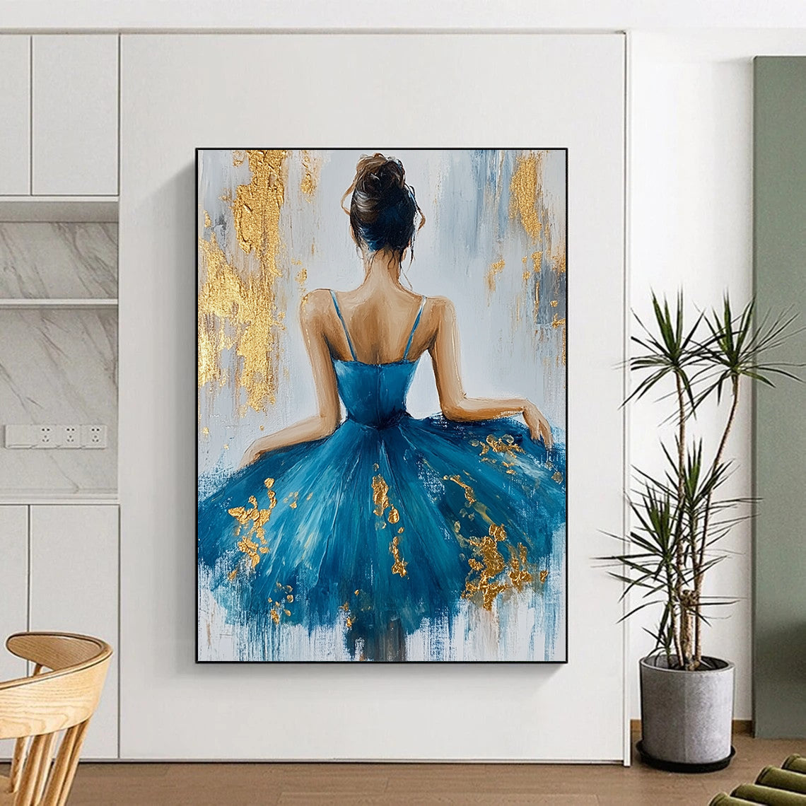 Contemporary abstract artwork featuring a ballerina in a blue dress adorned with gold leaf on textured white canvas background. DLZ0466