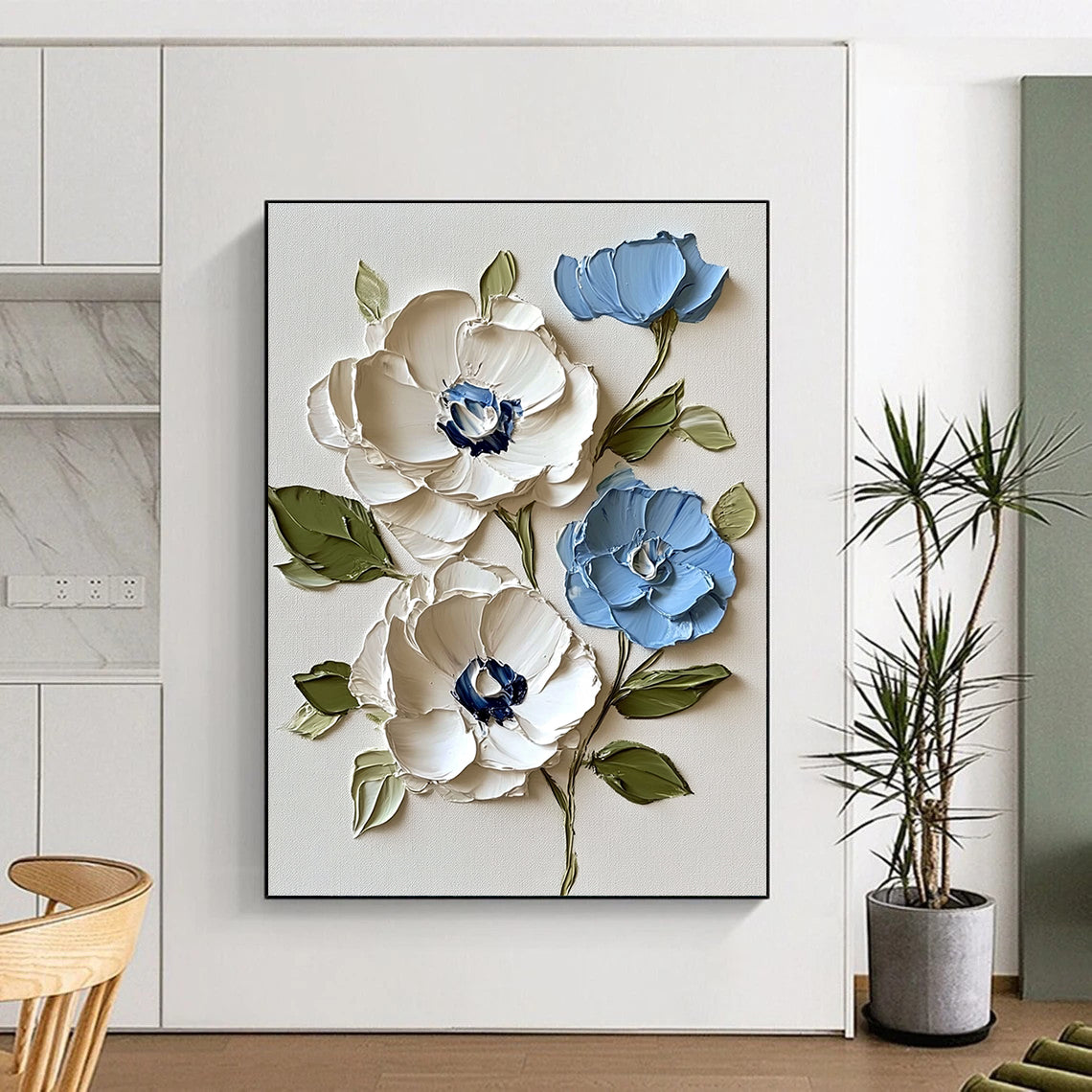 Contemporary abstract artwork featuring vibrant white and blue flowers on a white background with textured leaves and bold impasto strokes. DLZ1733