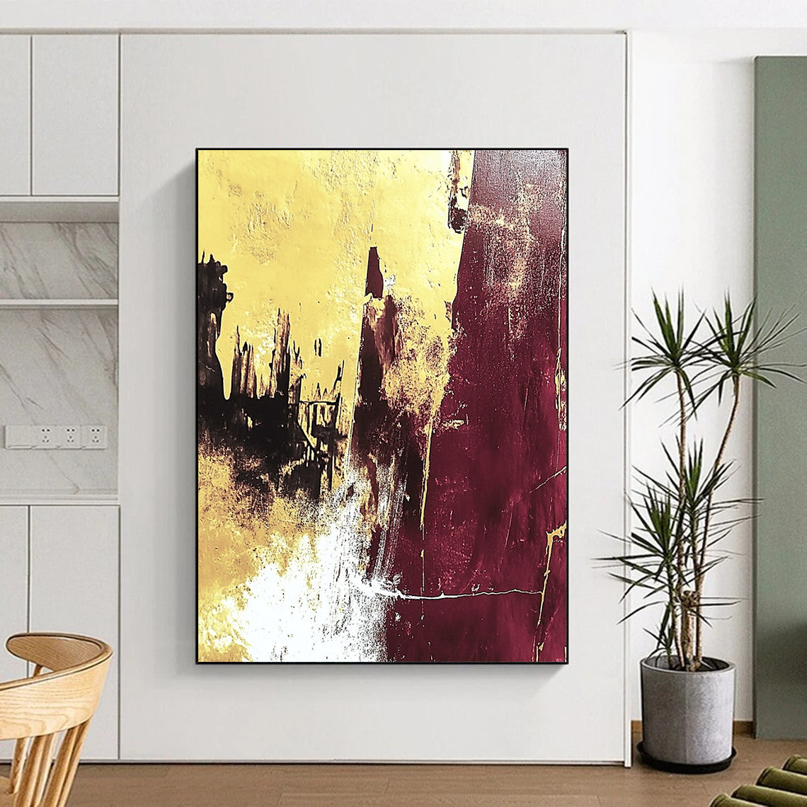 Large contemporary hand-painted abstract artwork featuring yellow and burgundy colors with white texture and gold leaf, capturing ruins in a high-contrast detailed style. DLZ1527