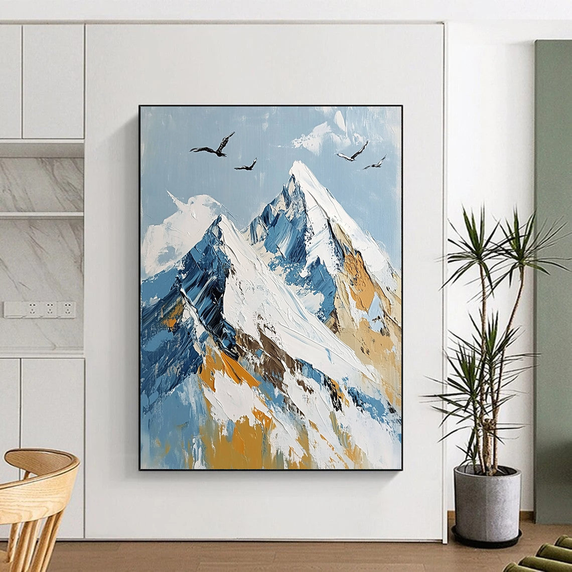 Contemporary abstract painting depicting Mount Everest's summit with flying birds, featuring a serene palette of white, blue, and gold. DLZ0493