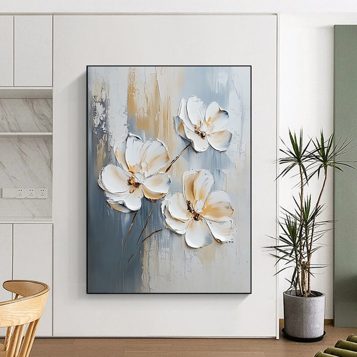 Contemporary hand-painted abstract artwork featuring elegant white flowers on a soft gray background, showcasing neutral tones for a sophisticated ambiance. DLZ0822
