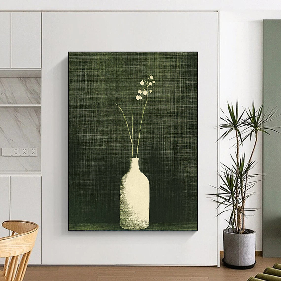 Large contemporary abstract artwork featuring lily of the valley in a textured monochrome design with a dark green background and simple vertical lines. DLZ1589