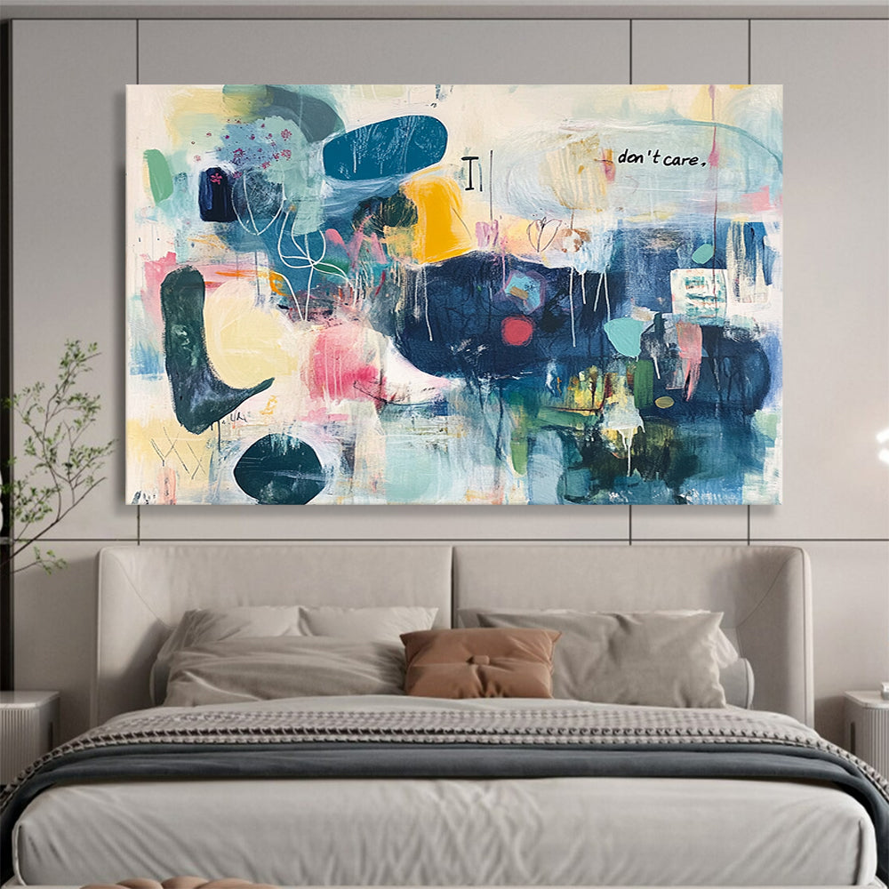“Colorful Chaos with Text” - Multicolor, Abstract Forms, “don't care” Text - Contemporary Mixed - Media Acrylic Painting HB1550