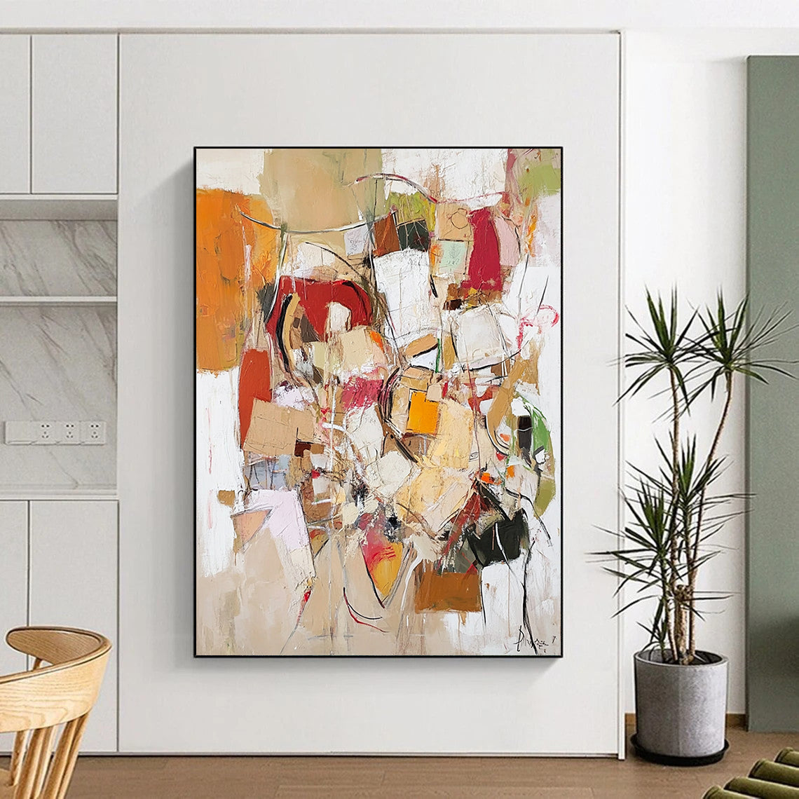 Contemporary abstract painting conveying life's chaos with textured elements in neutral tones of red, yellow, green, white, brown, and beige. DLZ1000