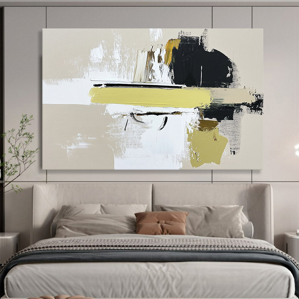 “Abstract Yellow Accent” - Beige, White, Black, Yellow, Dynamic Abstract Shapes Painting On Canvas HB0961