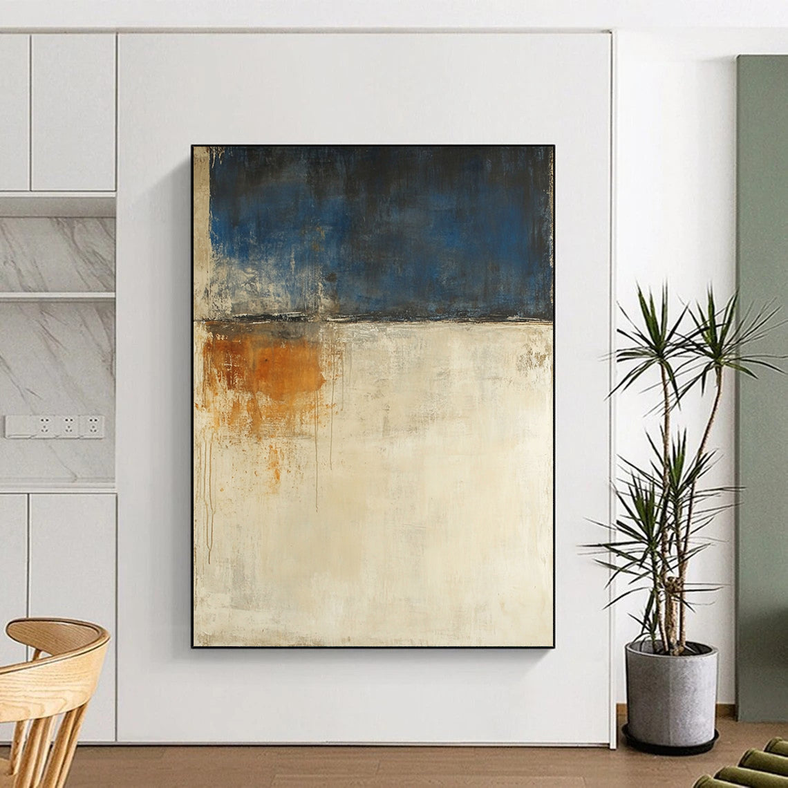Contemporary abstract painting features a beige and blue palette large brush strokes and moody landscape with earthy tones and white spaces. DLZ0695