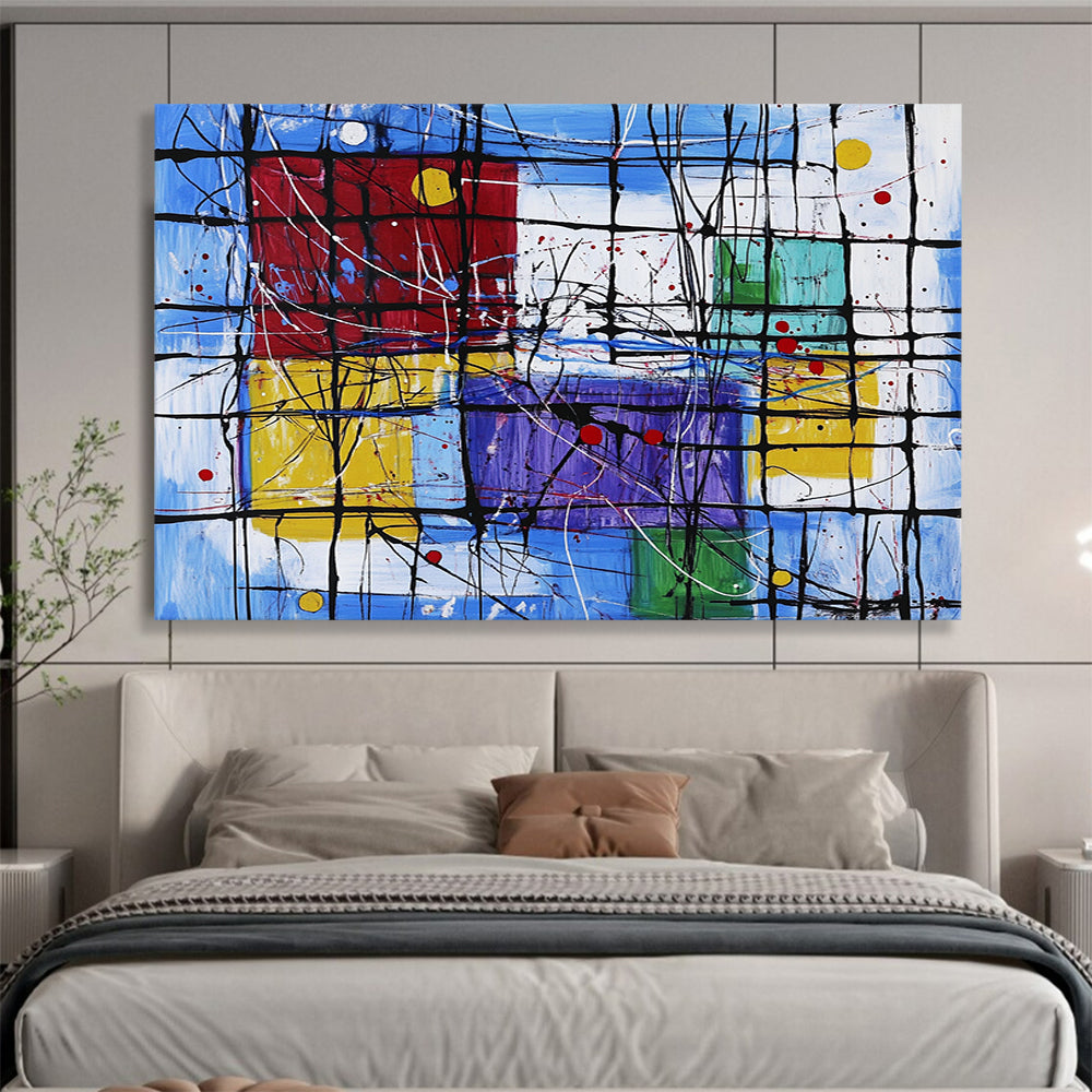 “Colorful Geometric Abstract with Black Grid” - Modernist Painting On Canvas HB0518