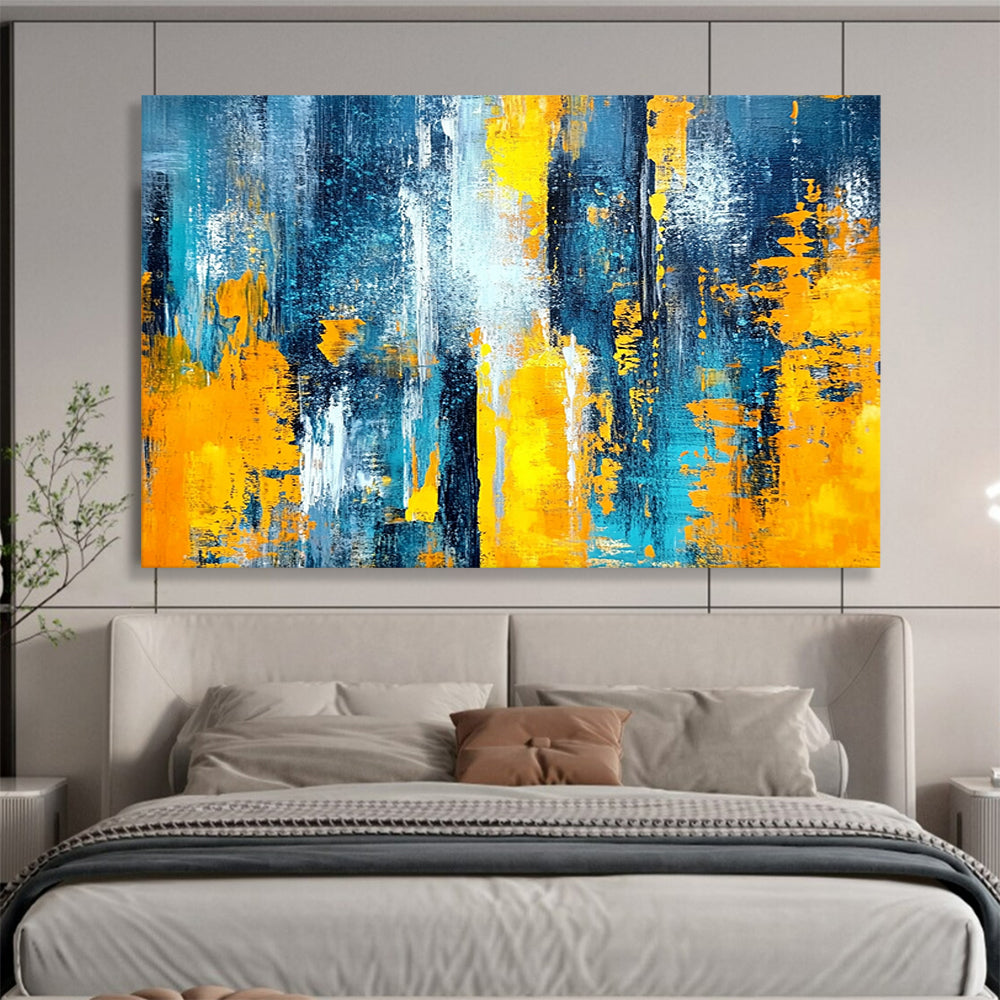 “Blue and Yellow Abstract Strokes” - Blue, Yellow, Bold Brushstrokes Painting On Canvas HB0869
