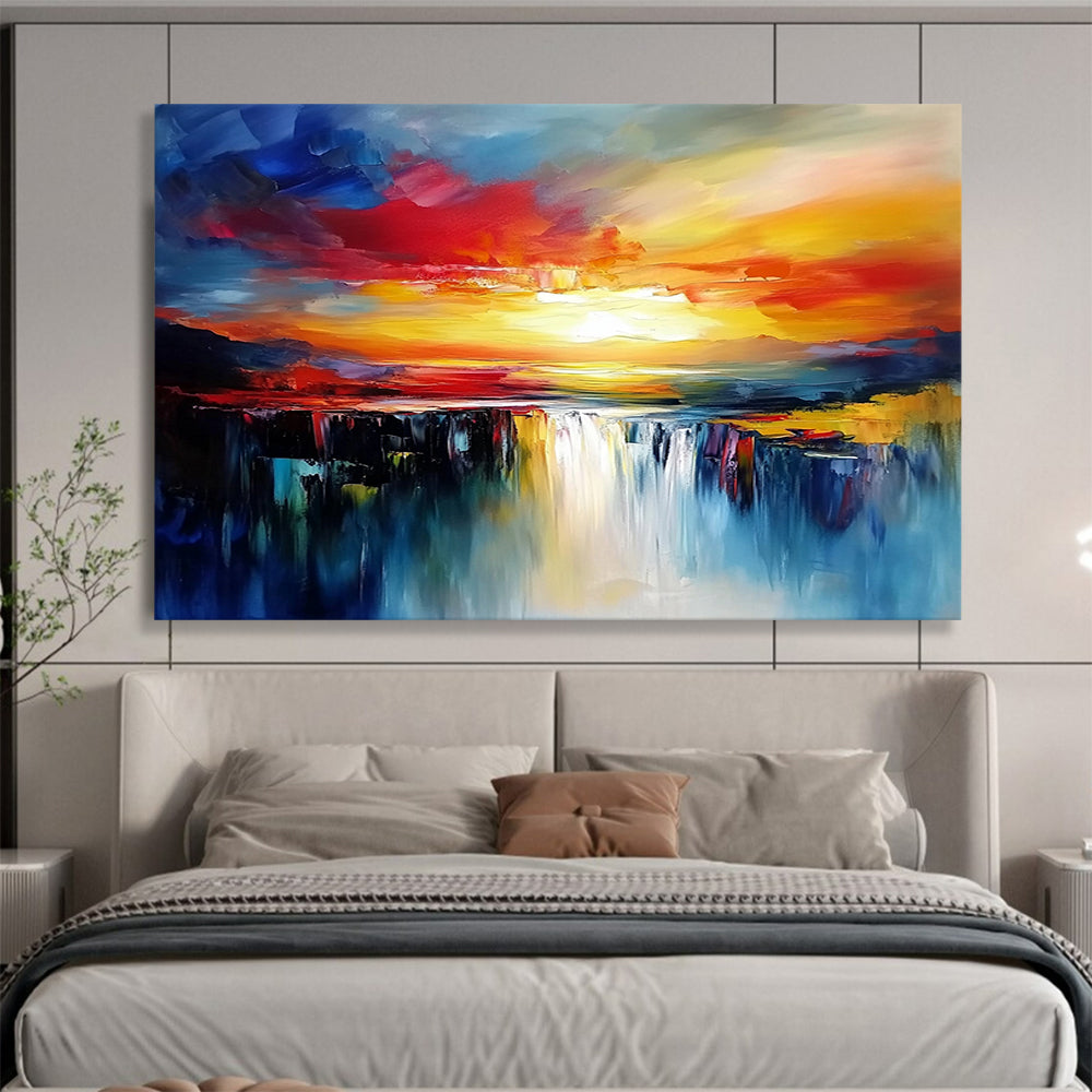 Vibrant Sunset Waterfall in Bold Colors - Expressive Abstract Landscape Painting On Canvas HB0437