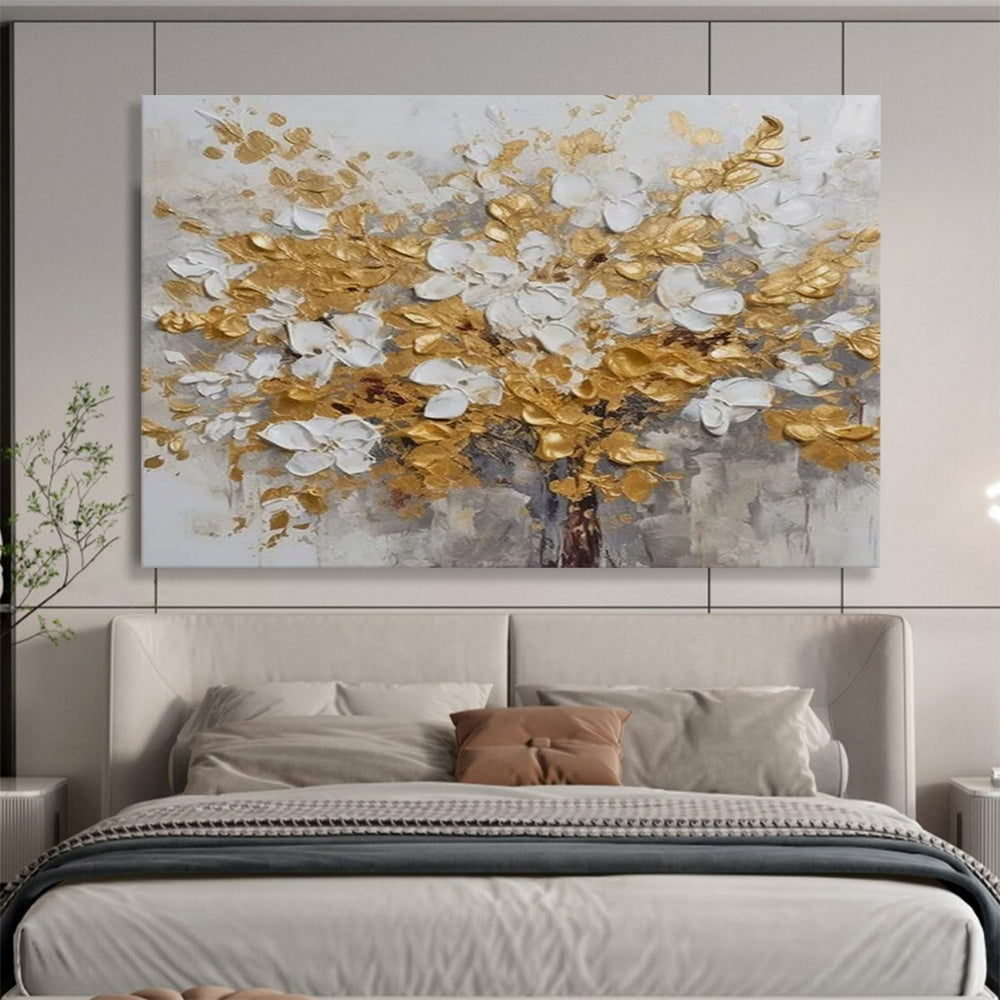 Gold & White Flower Tree - Elegant Living Room or Bedroom Art DLZ246