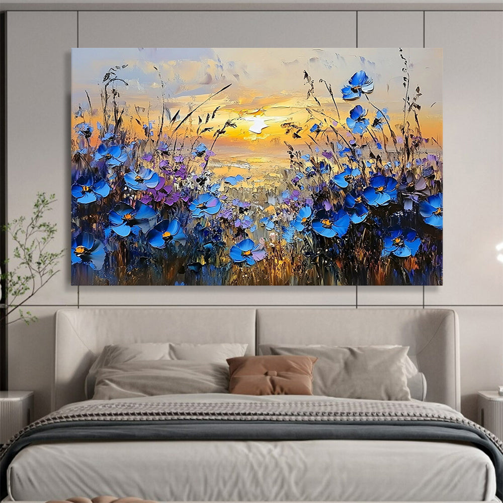 “Blue Flowers at Sunset Landscape” - Blue, Purple, Yellow, Floral Sunset Scene Painting On Canvas HB0846
