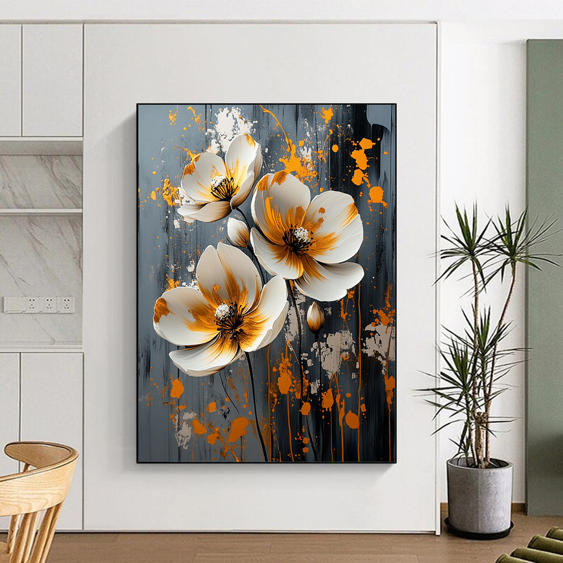 Contemporary abstract artwork features white flowers with gold and silver splashes on a textured grey canvas, perfect for modern decor. DLZ0824