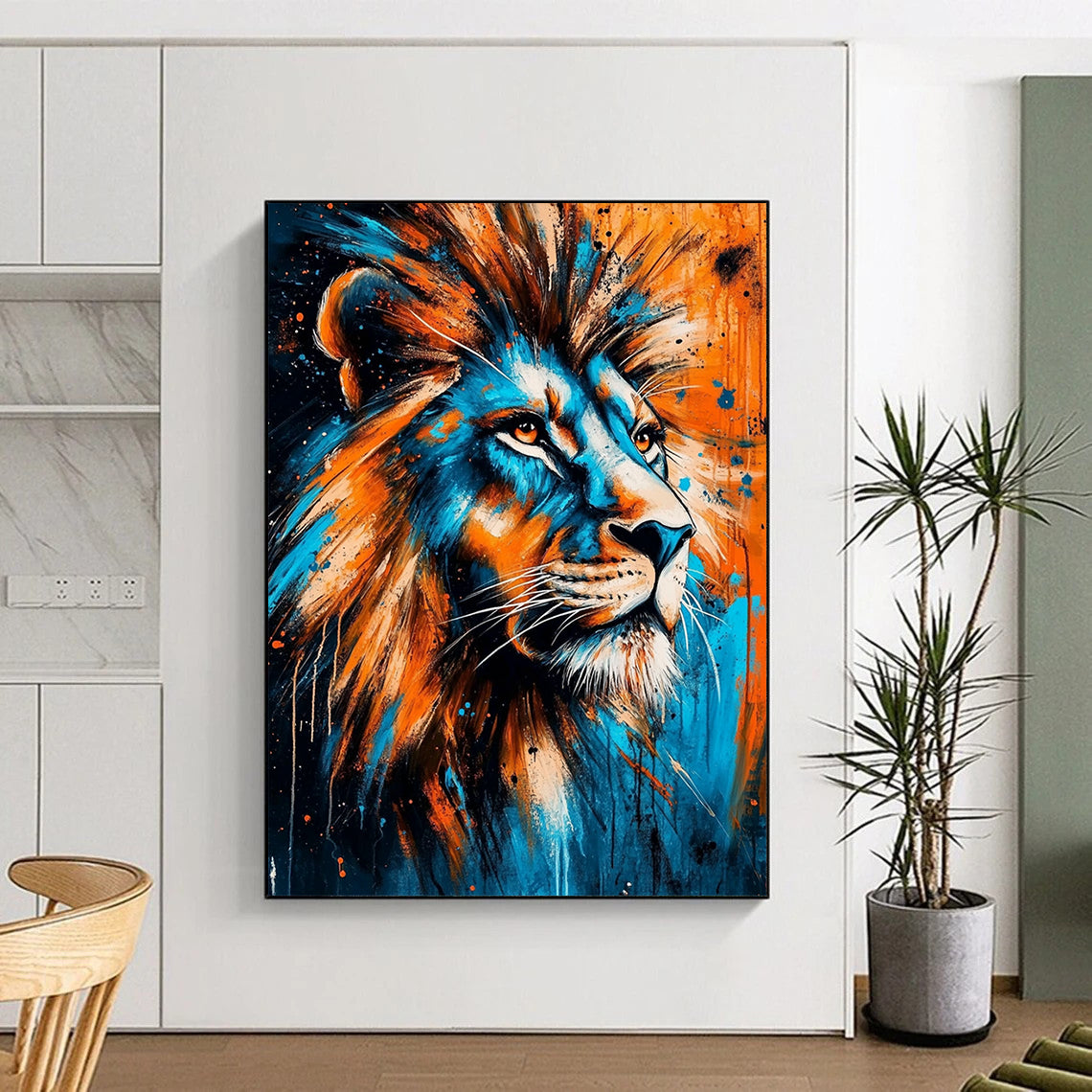Contemporary abstract painting featuring a lion with piercing eyes in vibrant blue and orange symbolizing strength and the wild beauty of nature. DLZ1303