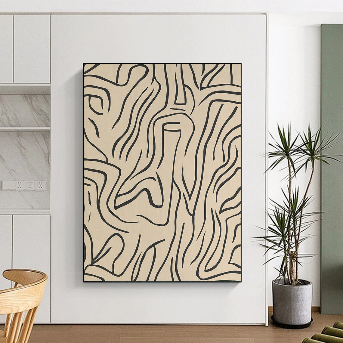 Contemporary abstract artwork featuring beige lines and shapes on a grey background, inspired by Matisse in elegant black ink. DLZ1072