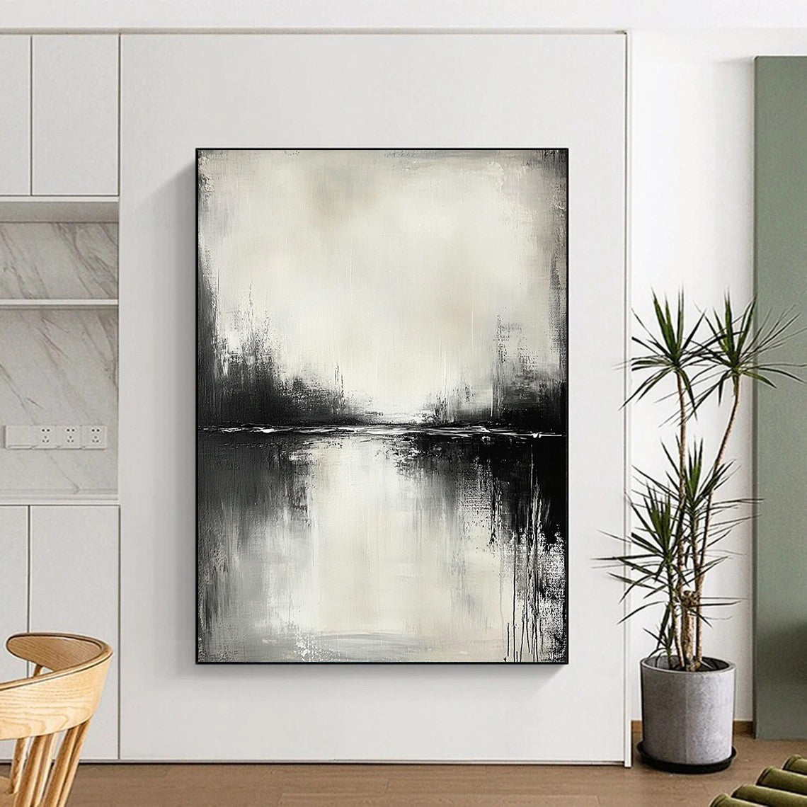 Contemporary abstract painting in black and white with serene water reflections and neutral tones, crafted using oil paint for a tranquil atmosphere. DLZ0399