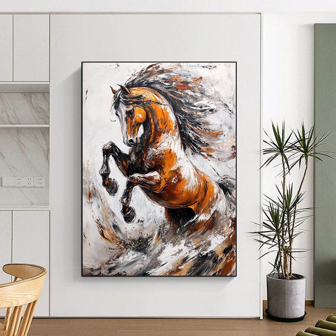 Contemporary abstract artwork featuring an elegant wild horse rearing up against splashes and waves in a dynamic light gray and brown palette. DLZ1665