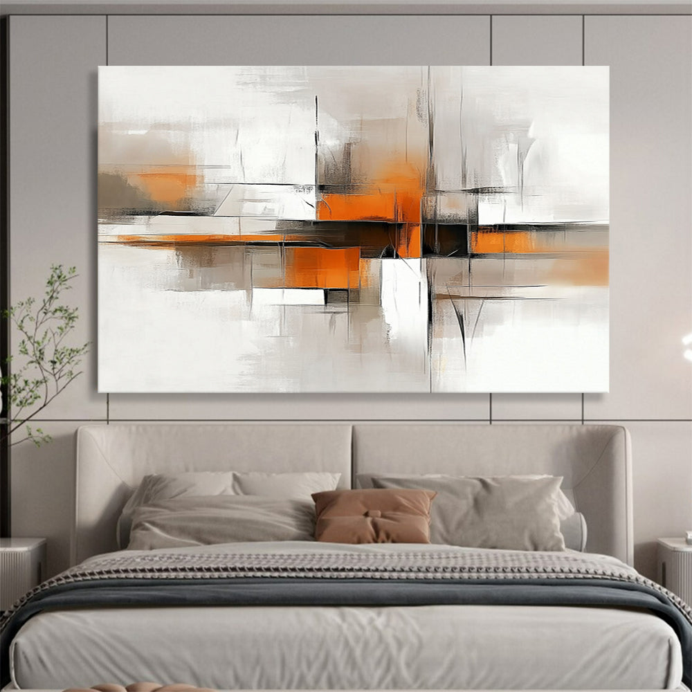 “Geometric Abstract in Gray and Orange” - Gray, orange, white, black; Geometric abstract with lines and blocks; Acrylic Painting On Canvas HB1219