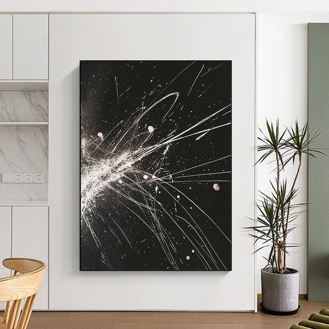 Black, White, Gold, Explosive Lines "Celestial Fireworks" Abstract Expressionist Painting On Canvas HB083
