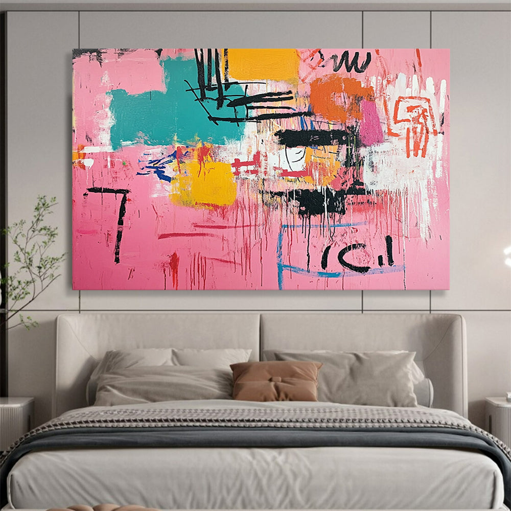 “Pink Abstract with Drips” - Pink, Colorful Shapes, Black Drips, Text - Painting On Canvas HB1434
