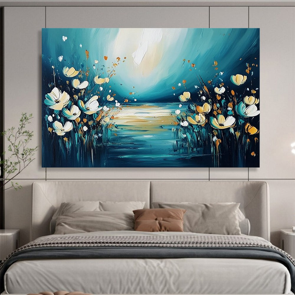 “Dreamy Floral River Abstract” - Teal, Yellow, White with Flowers and River - Painting On Canvas HB1399
