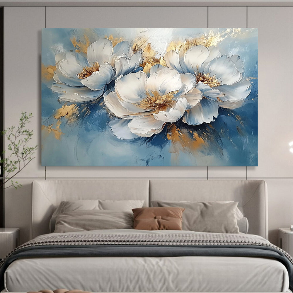 “Blue - Gold Peonies” - Blue, White, Gold with Peony Blooms - Impasto Oil Painting HB1346