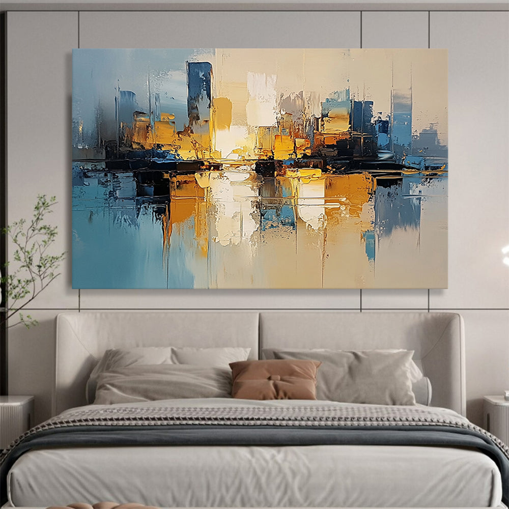 “Golden Skyline” - Blues, golds, whites; Abstract cityscape glowing at dusk; Impasto Oil Painting On Canvas HB1180