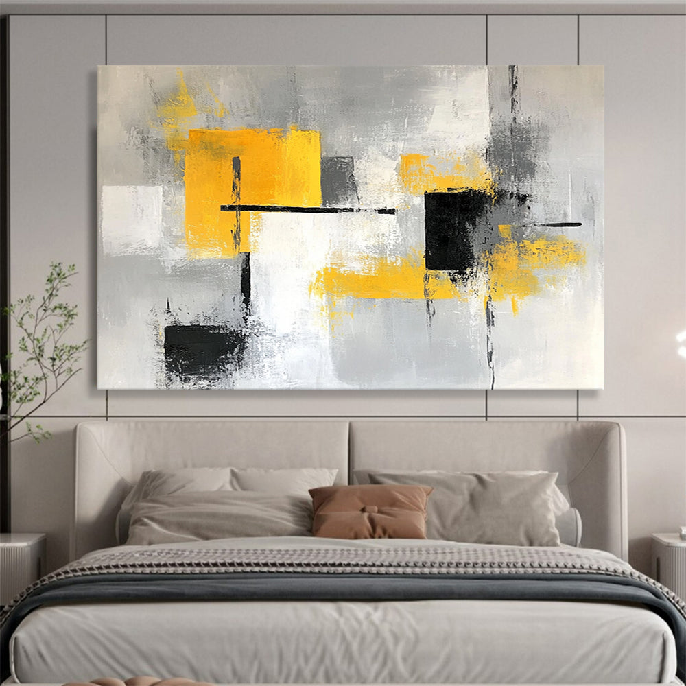 “Gray and Yellow Geometric Abstract” - Gray, Yellow, Geometric Shapes Painting On Canvas HB0887