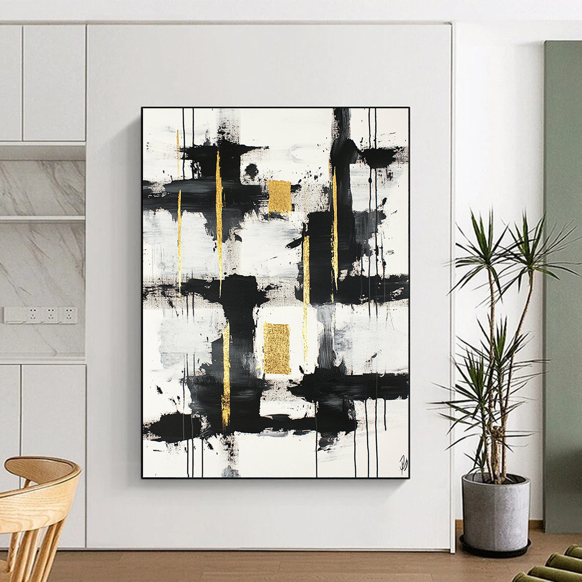 Black, White, Gold, Gray, Textured Blocks "Gilded Grid" Abstract Minimalist Painting On Canvas HB100