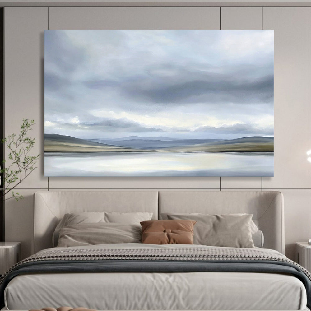 “Soft Gray Landscape” - Gray, Beige, Subtle Hills and Calm Water Painting On Canvas HB0920