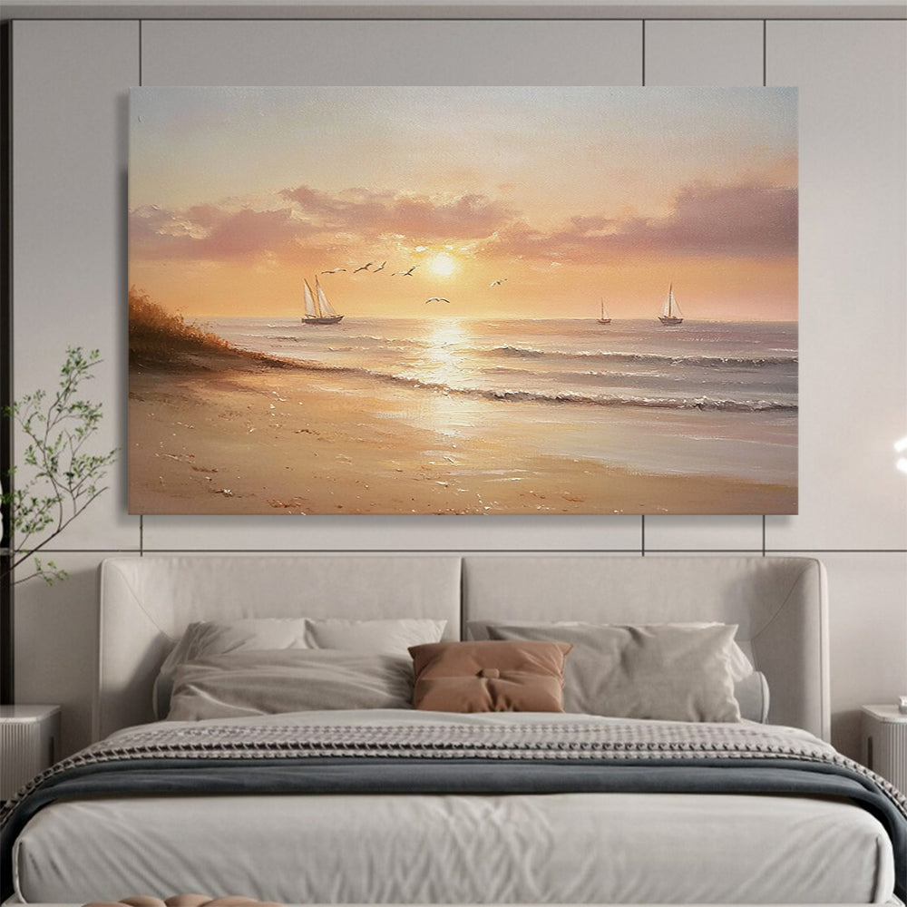 “Serene Sunset Beach” - Oranges, Pinks, Purples, Calm Beach with Sailboats - Realist Oil Painting HB1720