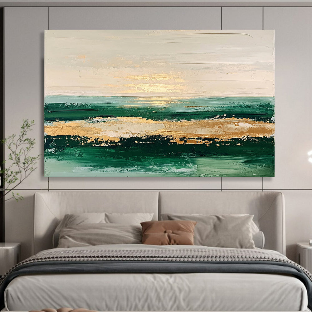 “Golden Sunset Seaview” - Green, Gold, Beige, Abstract Coastal Sunset Painting On Canvas HB1086