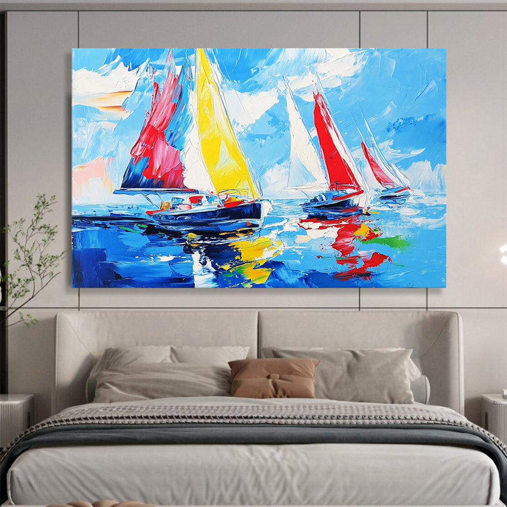 “Colorful Sailboat Race” - Bright Yellows, Reds, Blues, Sailboats on the Sea - Impasto Oil Painting HB1732