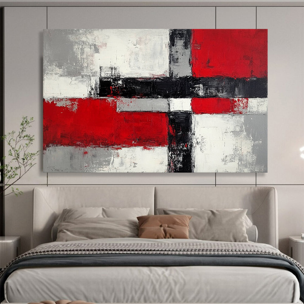 “Geometric Color Blocks” - Reds, grays, whites, blacks; Abstract geometric shapes; Minimalist Abstract Painting On Canvas HB1165