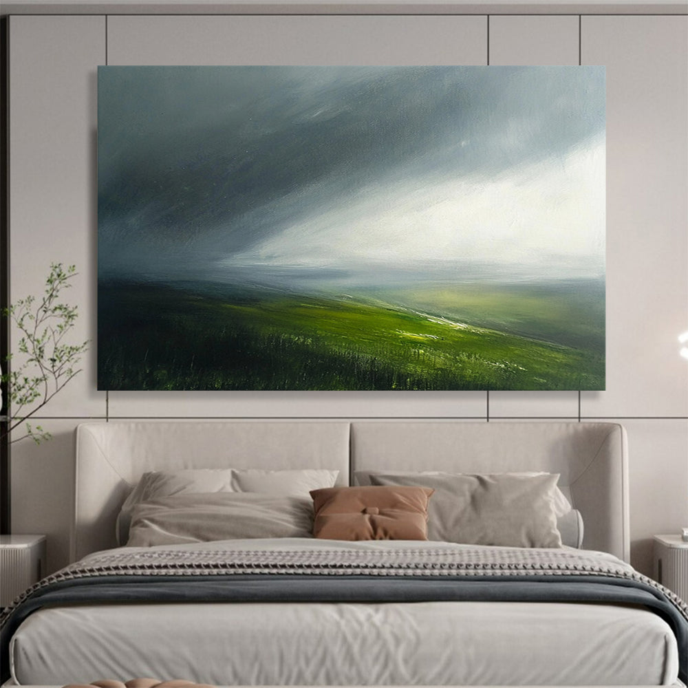 “Misty Moorland” - Gray, Green, Abstract Atmospheric Landscape Painting On Canvas HB1087