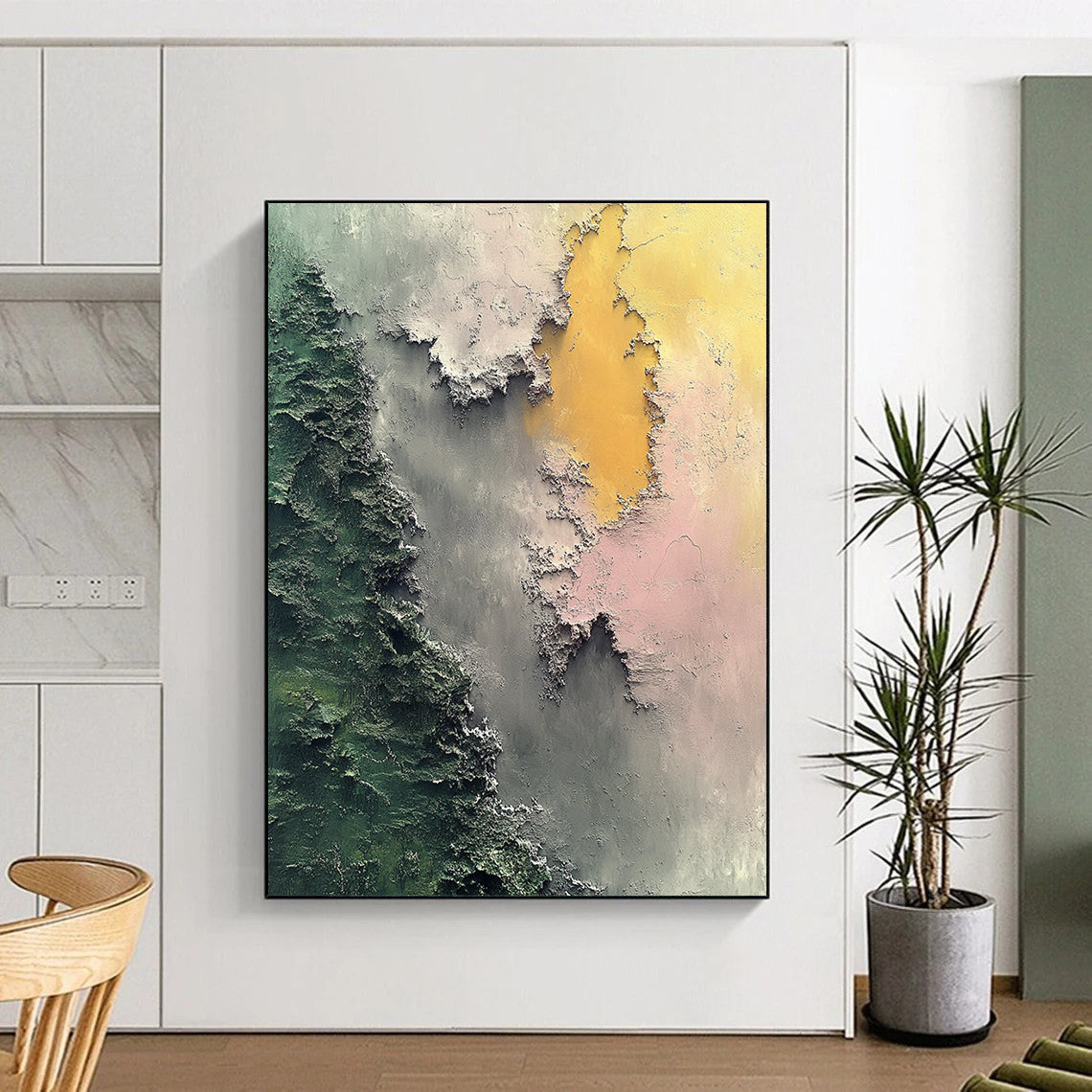 Contemporary hand-painted abstract art features aerial topography in soft greens and grays with islands in light pink and dark gray evoking mystery. DLZ0568
