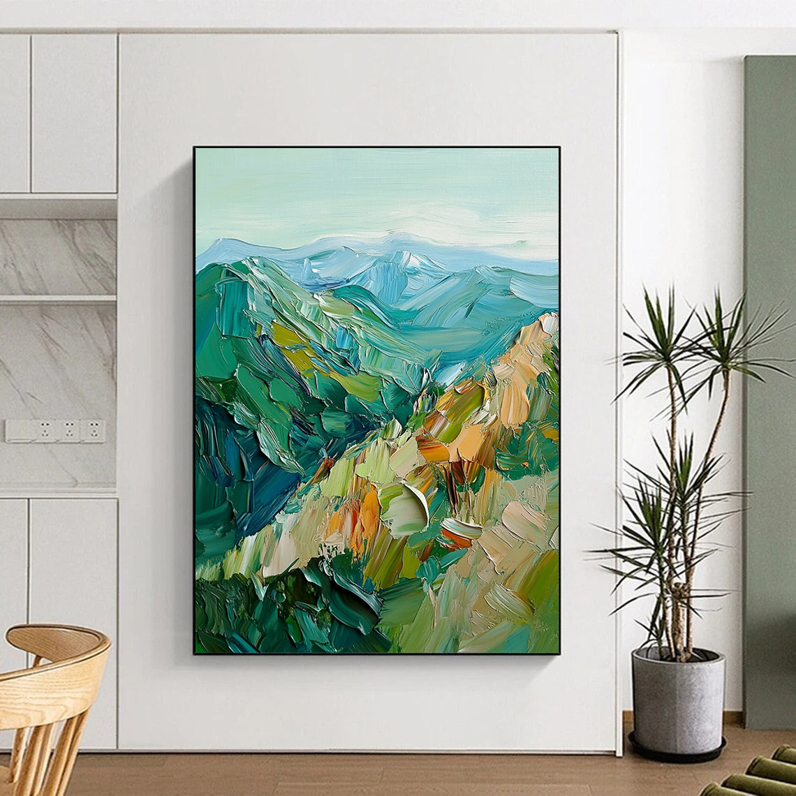 Contemporary abstract artwork featuring vibrant green and blue mountains created with bold impasto brush strokes for a striking visual impact. DLZ0483