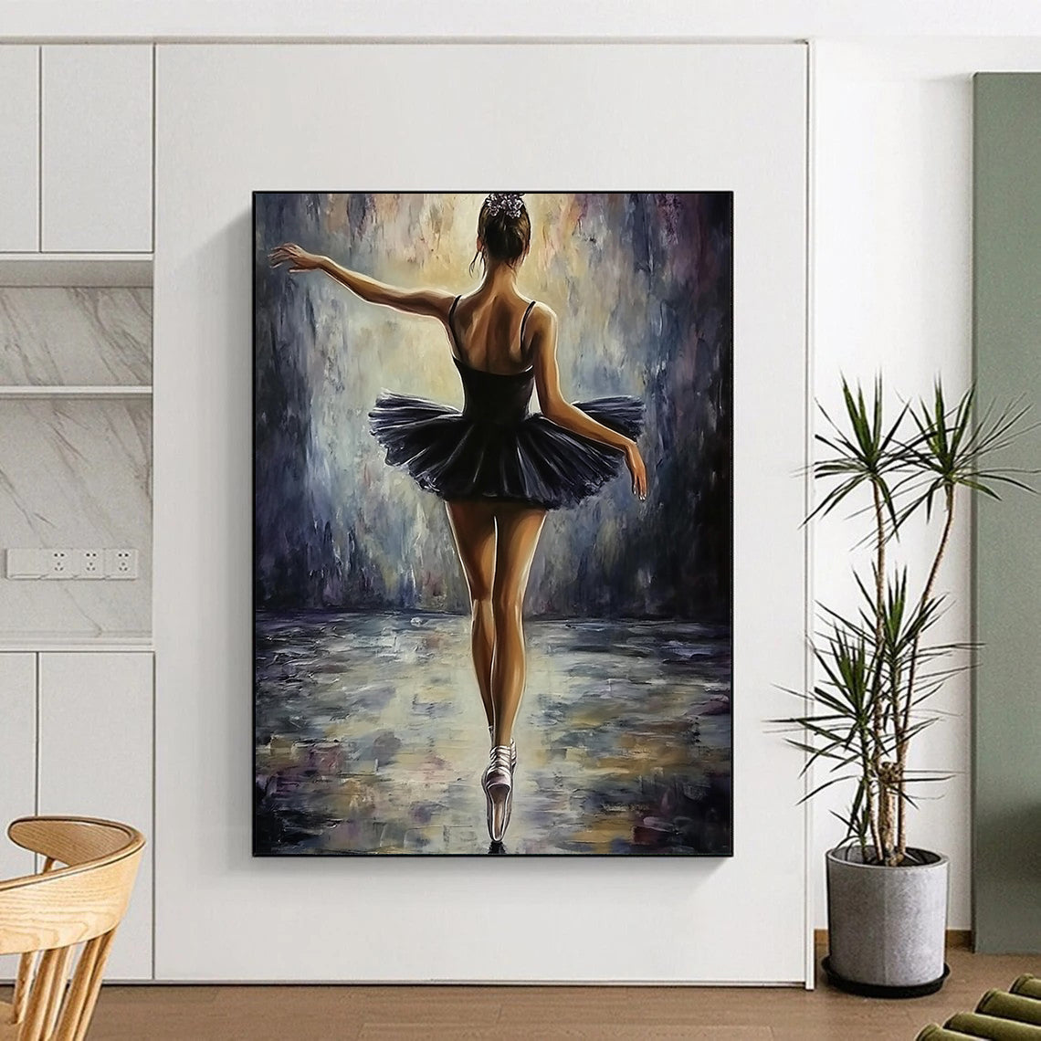 Contemporary abstract painting featuring a ballerina in a black dress, elegant pose, soft lighting, textured brush strokes, perfect for adding sophistication to any space. DLZ1672