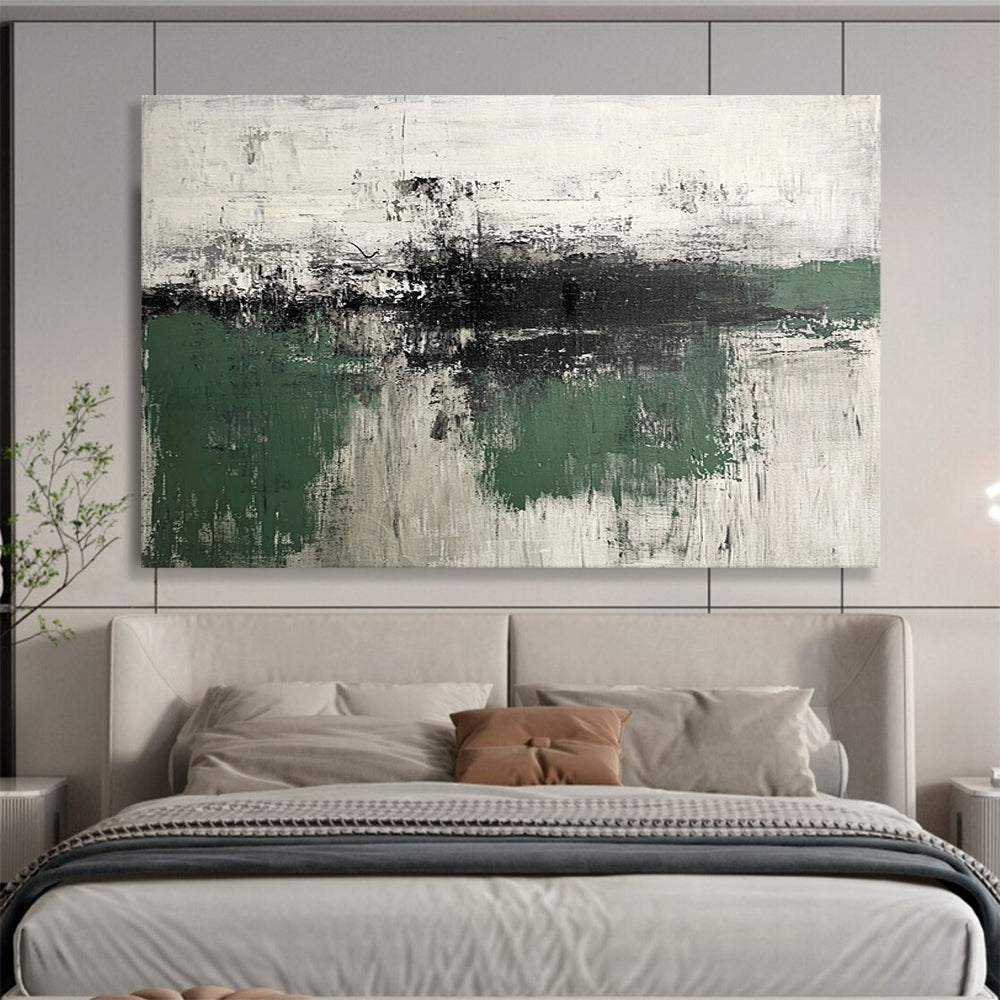 “Green - Gray Textures” - Green, Gray, White, Abstract Textured Landscape Painting On Canvas HB1065