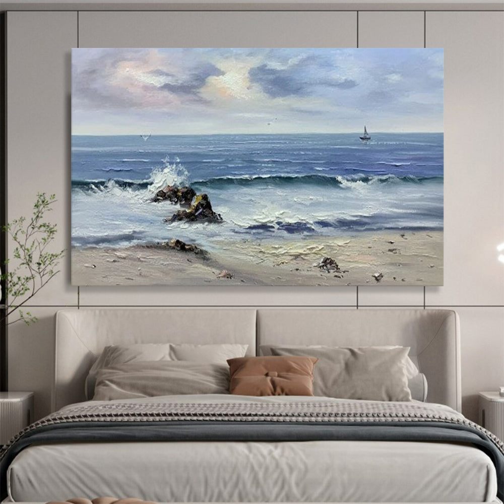 Coastal Wave & Sailboat Oil Painting - Serene Living Room or Office Art DLZ190