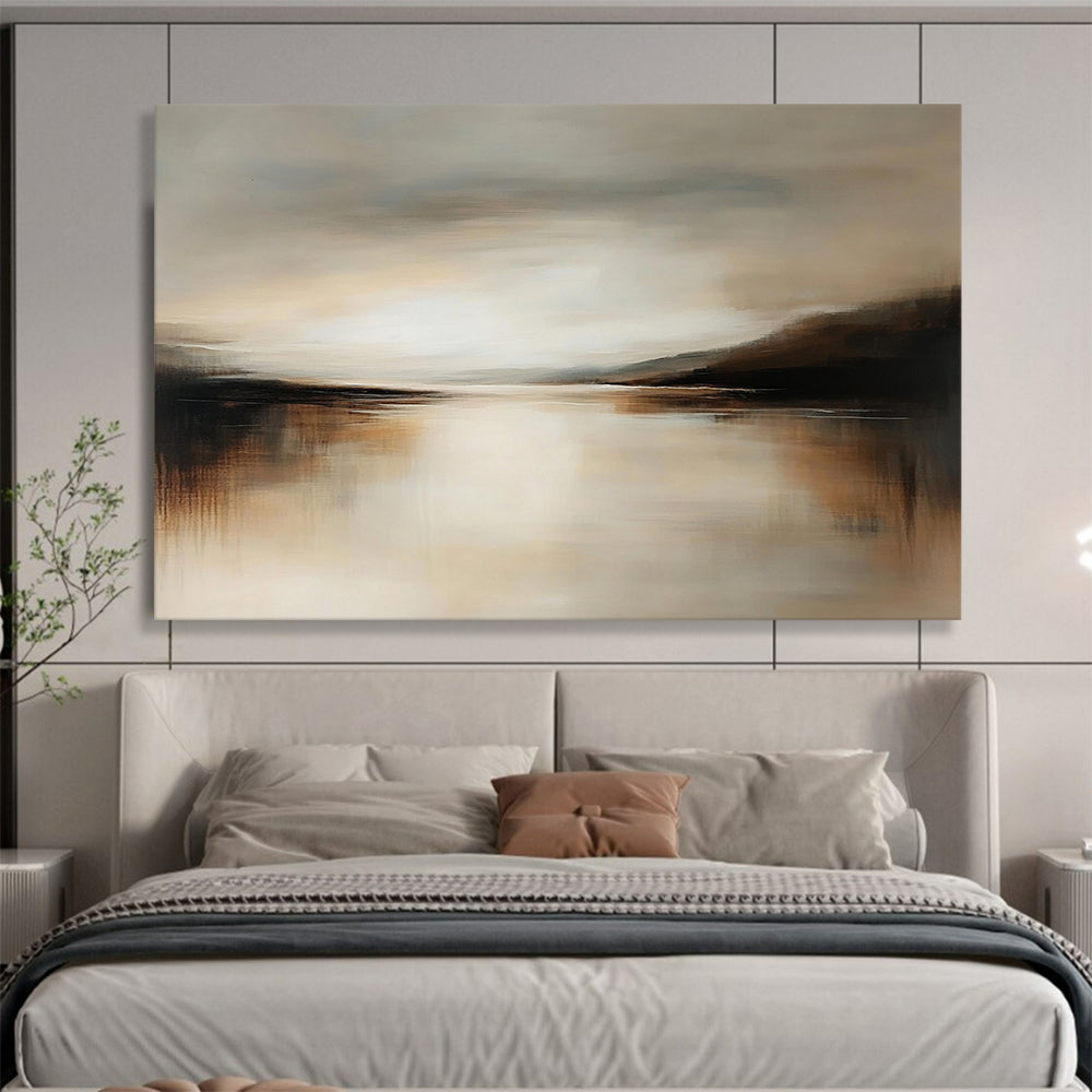 “Neutral Water Mirror” - Warm Beiges, Browns, and Muted Grays, Calm Water Reflecting a Subtle Sky Painting On Canvas HB0913