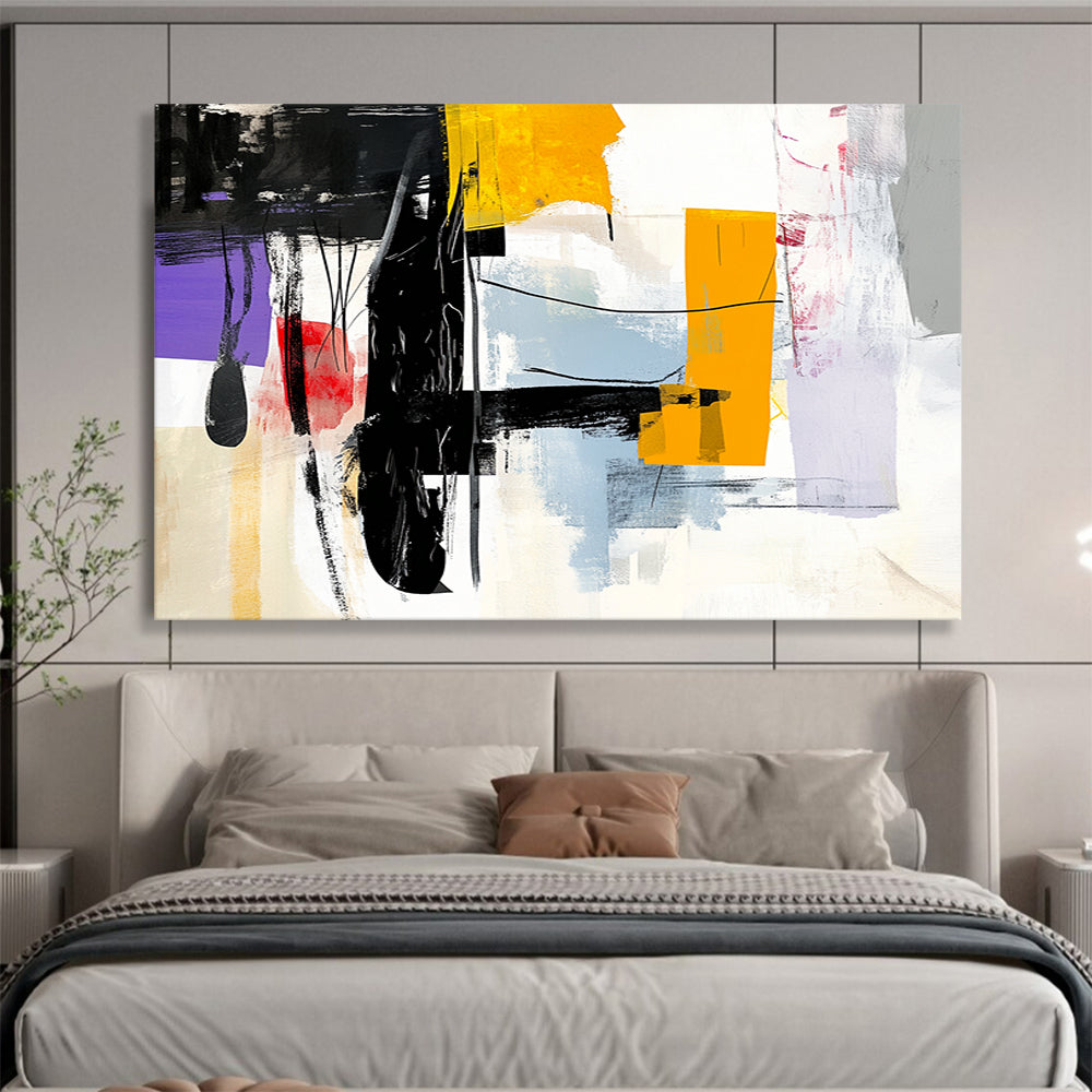 “Abstract Black, Yellow, and Colorful Shapes” - Black, Yellow, Colorful Palette, Abstract Shapes Painting On Canvas HB0863
