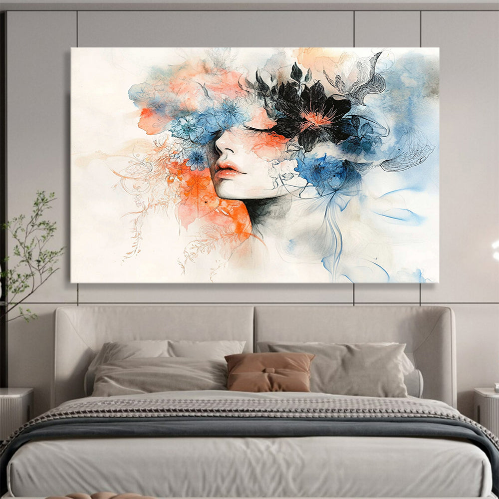 “Dreamy Floral Portrait” - Blue, Orange, Floral, Portrait Painting On Canvas HB0759