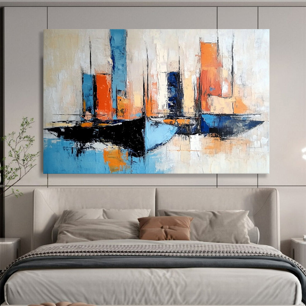 “Colorful Sailboats” - Blues, oranges, whites; Abstract sailboats in a vibrant harbor; Impressionistic Oil Painting On Canvas HB1178