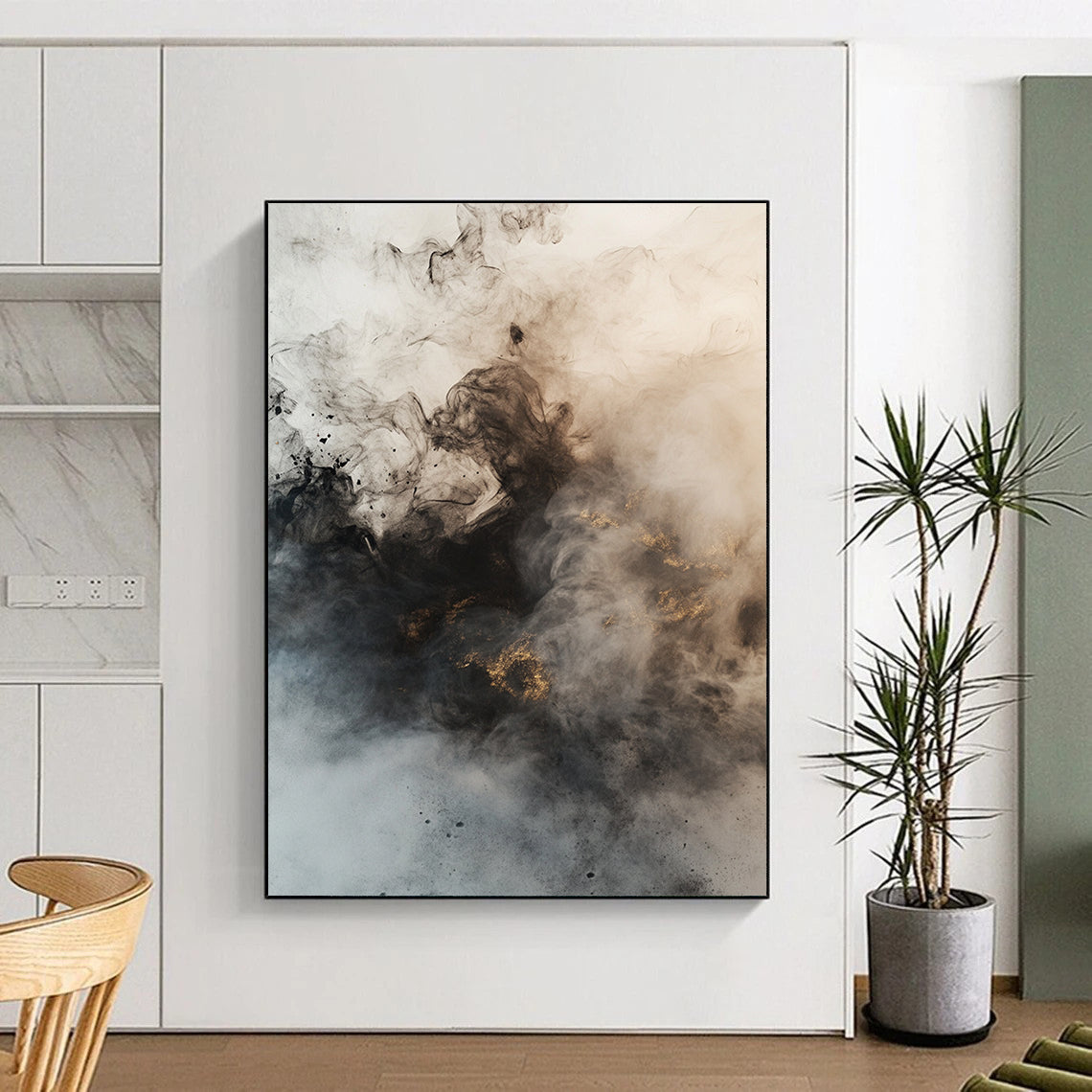Black, Gray, White, Gold, Smoke - like Swirls "Mystic Mist" Abstract Ink - Inspired Painting On Canvas HB042