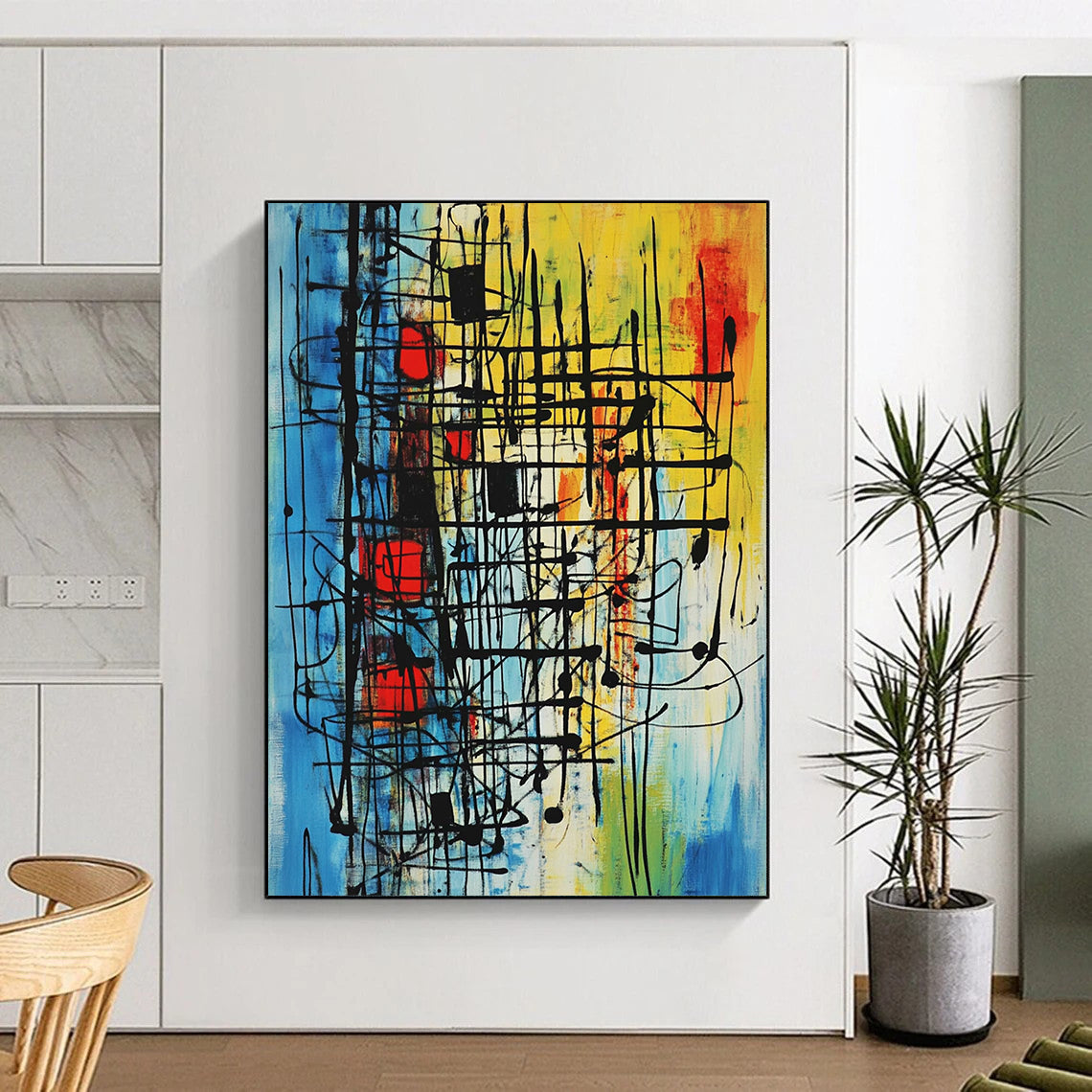 Contemporary abstract painting with vibrant colors and intricate patterns evokes movement and energy through bold lines and geometric shapes. DLZ1028