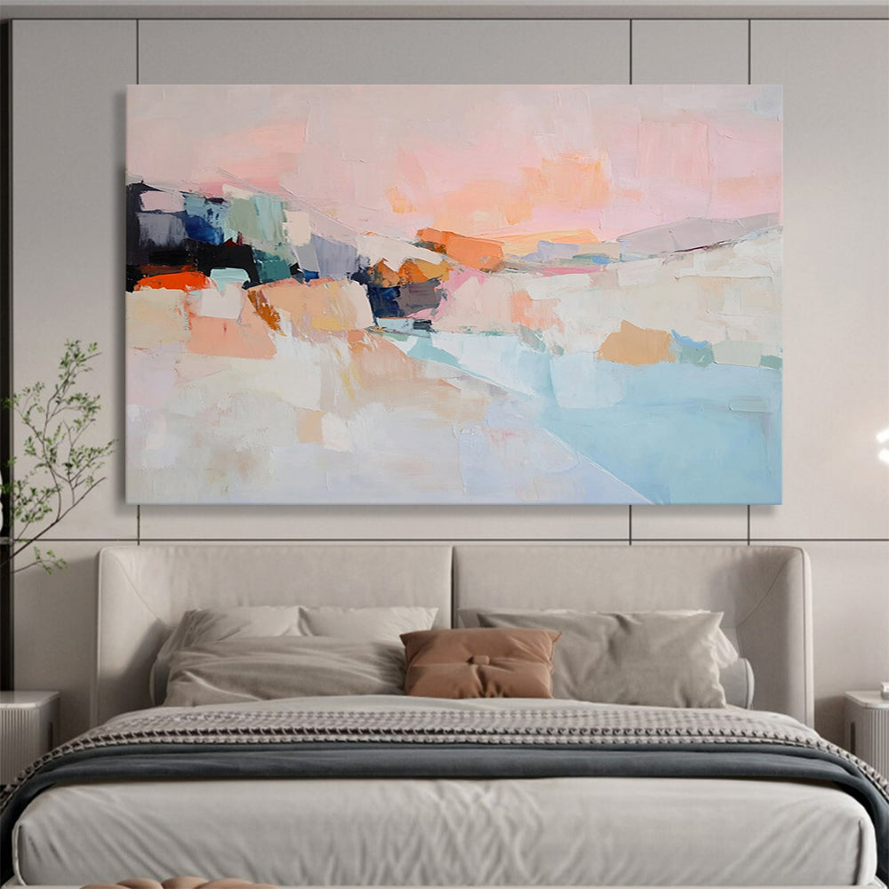 Soft Pink and Colorful Abstract Landscape - “Blush Horizon” Painting On Canvas HB1456