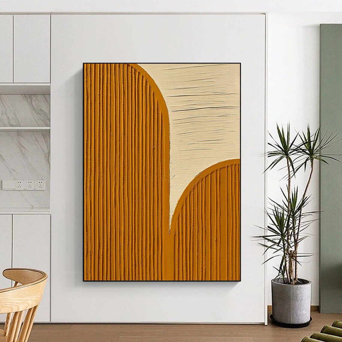 Contemporary abstract artwork featuring textured wood grain patterns in yellow and gold against a white backdrop embodying tranquility and harmony. DLZ1345